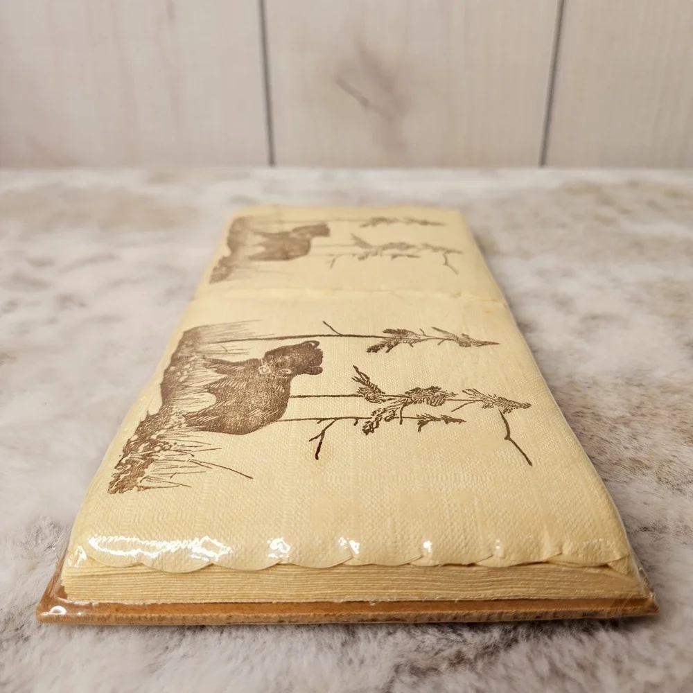 Vintage Cream Brown Bear Pine Forest Rustic Paper Guest‎ Napkins Cabin